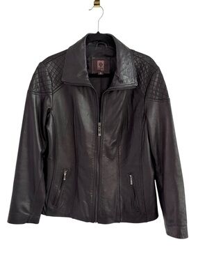 Black Leather Jacket Diamond Quilted Shoulder Women's 1X Vintage Zip Front Moto